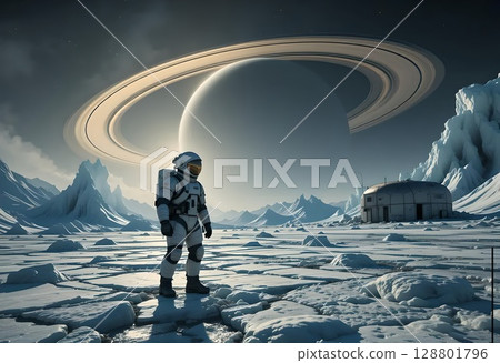 Astronaut on Icy Alien Planet with Saturn in Sky Astronaut on Icy Alien Planet with Saturn in Sky 128801796