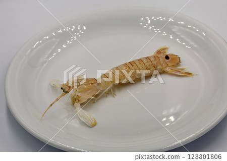 Raw mantis shrimp on white plate. 128801806