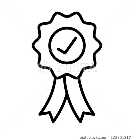 Award Badge Icon with Check Mark. Black Outline Vector Illustration. This vector illustration features a stylized award badge or ribbon symbol, depicted in a clean outline style. Award Badge Icon with Check Mark. Black Outline Vector Illustration. This vector illustration features a stylized award badge or ribbon symbol, depicted in a clean outline style. 128801817