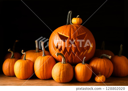Halloween display with carved pumpkin face and small gourds 128802020