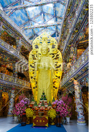 Majestic Yellow Bodhisattva Statue Inside Linh Phuoc Pagoda Ornate Mosaic Hall, Da Lat, Vietnam 128802235