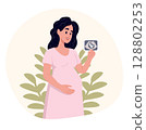 Concept of pregnancy. Smiling pregnant woman holding ultrasound photo of her future baby. Flat vector illustration on white background. 128802253