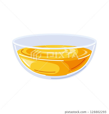 Glass bowl filled with honey in cartoon style. Sweet and thick dessert ingredient isolated on white background. Perfect for food Rosh Hashanah and traditional Jewish theme. Glass bowl filled with honey in cartoon style. Sweet and thick dessert ingredient isolated on white background. Perfect for food Rosh Hashanah and traditional Jewish theme. 128802293