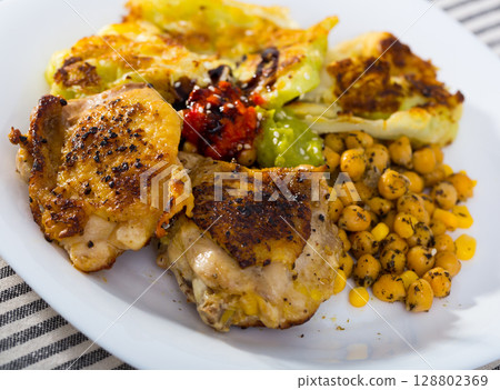 Chicken thighs with chickpeas and cabbage Chicken thighs with chickpeas and cabbage 128802369