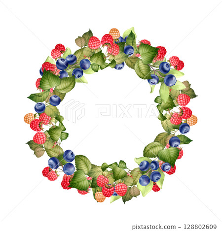 Berry Wreath Illustration. Raspberry and Blueberry Circle. 128802609