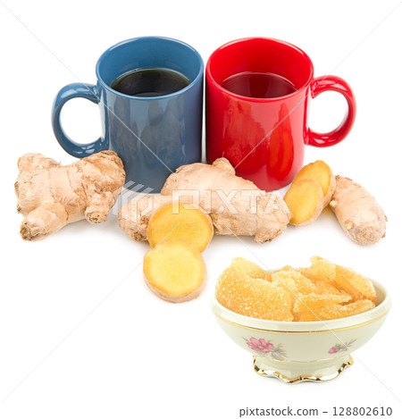 Ginger tea and dried ginger fruit isolated on white background. 128802610