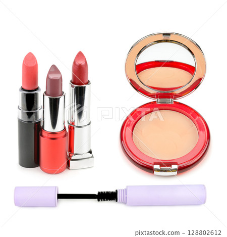 Compact powder, Lipstick and mascara isolated on white background. collage. Compact powder, Lipstick and mascara isolated on white background. collage. 128802612