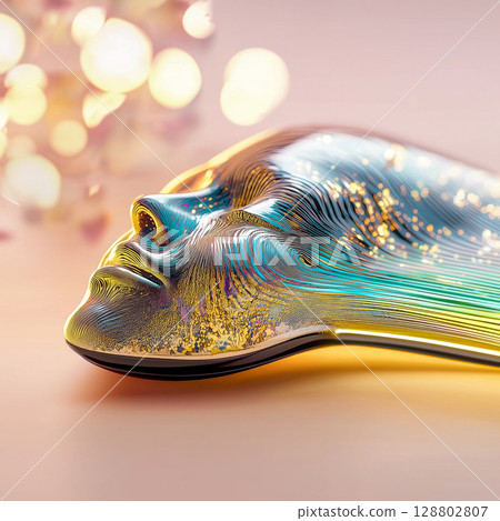 Abstract metallic face sculpture with colorful light reflections 128802807