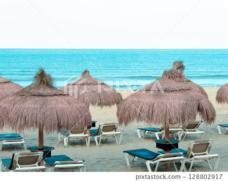 Tranquil beach with straw umbrellas and lounge chairs on sunny coastline Tranquil beach with straw umbrellas and lounge chairs on sunny coastline 128802917