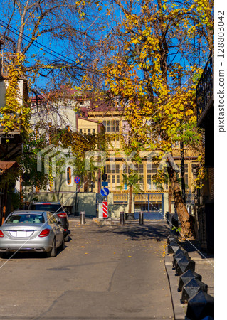 Old Tbilisi with its characteristic ornate balconies. Colorful autumn in Tbilisi 128803042