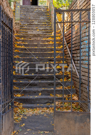 Narrow staircase strewn with yellow leaves. Outdoor 128803057