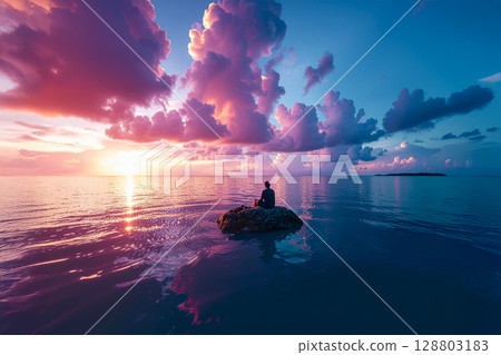 a lonely man sitting on an islet 128803183