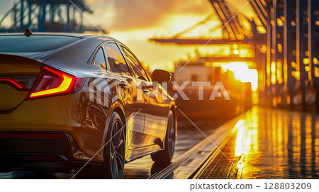 A car parked on a promenade or jetty against the backdrop of sunset. In the distance, the outline of a container crane can be seen against the backdrop of the port infrastructure. 128803209