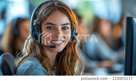 A girl working in an office. She is wearing a headset with a microphone and smiling. A contact center or an open-plan office. 128803217