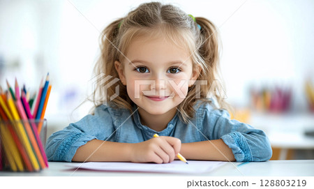 A little girl with long blonde hair. She holds a pencil in her hand and smiles. The girl is sitting at a table, doing some kind of task on the paper in front of her. 128803219