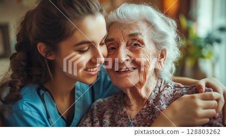 A young woman in a medical uniform hugs and smiles at an elderly woman. The elderly woman also smiles. 128803262