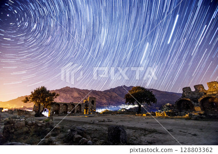 A view of the stars of the Milky Way with a mountain top in the foreground. Night sky nature summer landscape. Perseid Meteor Shower observation A view of the stars of the Milky Way with a mountain top in the foreground. Night sky nature summer landscape. Perseid Meteor Shower observation 128803362