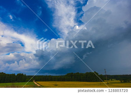 Dramatic storm clouds in the sky, dark severe storm clouds, supercell. Dramatic storm clouds in the sky, dark severe storm clouds, supercell. 128803720