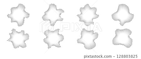 A set of burst ray equalizers . Radial sound, frequency sound waves . Musical symbol, voice graph signal, circular sound waves . Vector radial spectrum. 128803825