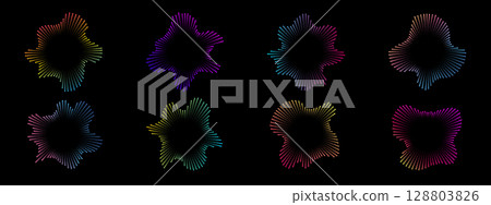 A set of rainbow equalizers made of bursting beams . Radial sound, frequency sound multicolor neon sound waves with light particles. Musical symbol, circular sound waves. Vector radial spectrum. A set of rainbow equalizers made of bursting beams . Radial sound, frequency sound multicolor neon sound waves with light particles. Musical symbol, circular sound waves. Vector radial spectrum. 128803826