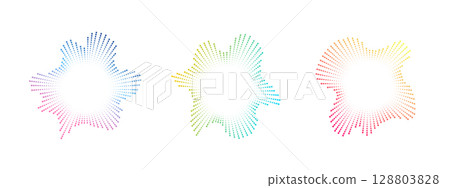 A set of circular multicolor equalizers from bursting rays of musical sound. Radial sound, frequency sound neon waves . Pulsating music design element, circular waves. Vector radial spectrum. 128803828
