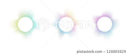 A set of rainbow equalizers made of bursting beams . Radial sound, frequency sound multicolor neon waves. Musical symbol, circular sound waves. Vector radial spectrum. 128803829