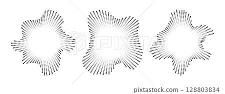A set of circular multicolor burst ray equalizers . Radial sound, frequency sound neon waves . Pulsing music design element, voice graphic signal, circular sound waves . Vector radial spectrum. 128803834