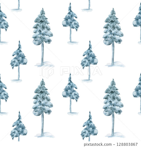 Snowy woodland trees pine and spruce pastel watercolor seamless pattern isolated. Conifers in misty green colors covered snow hand painted. Winter trees endless background for seasonal print, textile. 128803867