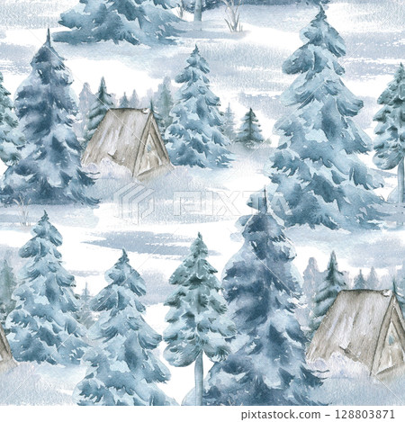 Winter seamless pattern of rustic cabin, snow covered evergreens tree in soft blue tones watercolor isolated. Woodland scene, pine trees hand drawn repeated background for Christmas designs, textile. Winter seamless pattern of rustic cabin, snow covered evergreens tree in soft blue tones watercolor isolated. Woodland scene, pine trees hand drawn repeated background for Christmas designs, textile. 128803871