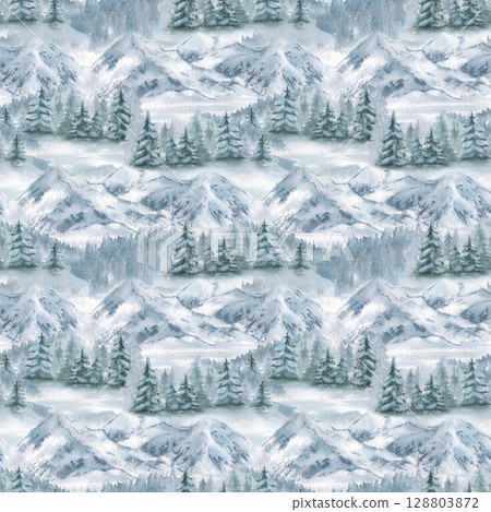 Winter seamless pattern of forest snow covered evergreens tree and soft blue mountain silhouettes watercolor isolated. Woodland scene pastel color hand drawn repeated background for Christmas design. 128803872