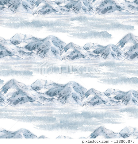 Winter mountain seamless background of delicate snowy peaks and frosty ridges in muted blues watercolor isolated. Minimalist rocky landscape repeat pattern hand drawn for designs Christmas packaging. 128803873