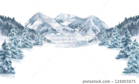 Alpine snow covered spruce and misty mountain peaks in delicate watercolor isolated on white. Winter monochrome landscape scene hand drawn banner with copy space for sports posters, packaging. 128803875