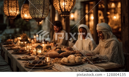 Family gathers for an enchanting Eid celebration under soft lantern light 128804135