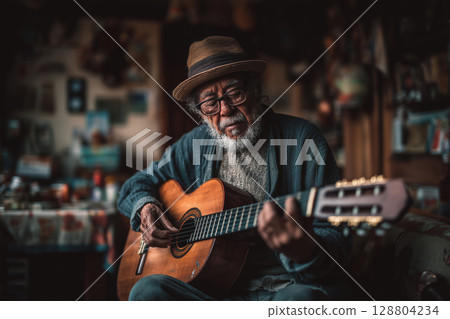 Elderly man plays guitar with passion in rustic living room setting 128804234