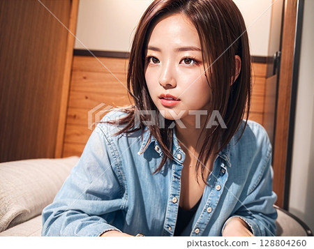 A woman sitting on a sofa 128804260