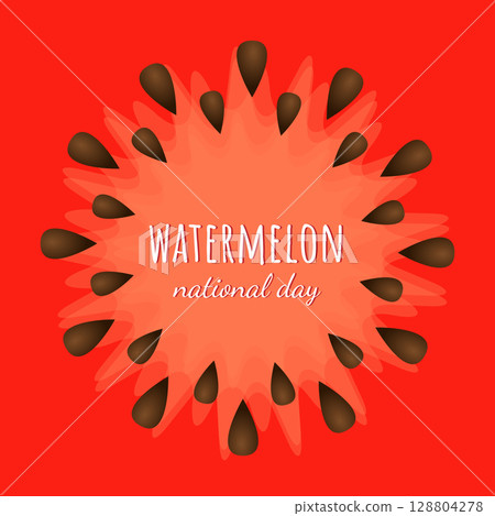 Slice of watermelon with seeds. Red summer background. Watermelon Day. Summer watermelon background. Vector illustration. Design card, brochure, cover, wallpaper. Slice of watermelon with seeds. Red summer background. Watermelon Day. Summer watermelon background. Vector illustration. Design card, brochure, cover, wallpaper. 128804278