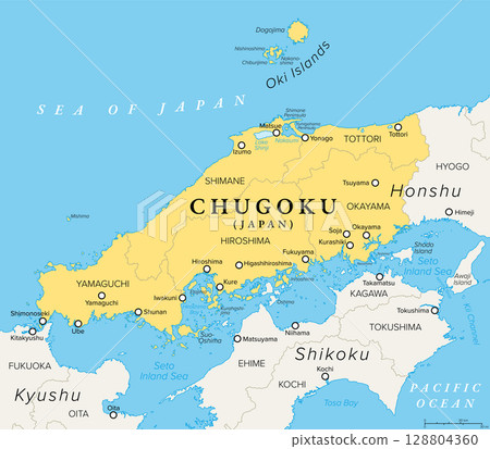 Chugoku region in Japan, political map. Also known as Sanin-Sanyo region, the westernmost region of Honshu, consisting of the prefectures of Hiroshima, Okayama, Shimane, Tottori, and Yamaguchi. Vector Chugoku region in Japan, political map. Also known as Sanin-Sanyo region, the westernmost region of Honshu, consisting of the prefectures of Hiroshima, Okayama, Shimane, Tottori, and Yamaguchi. Vector 128804360
