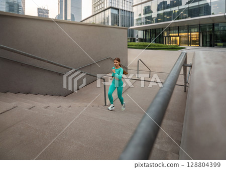 Fit woman in turquoise activewear is exercising outdoors, climbing stairs with determination, showcasing strength and fitness lifestyle. Workout concept Fit woman in turquoise activewear is exercising outdoors, climbing stairs with determination, showcasing strength and fitness lifestyle. Workout concept 128804399
