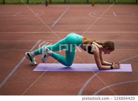 Fit woman exercising outdoors on a yoga mat, performing a mountain climber workout, showcasing strength and determination in a vibrant setting. Workout concept 128804420