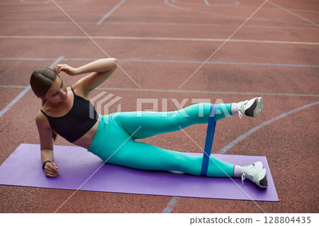 Fit woman exercising outdoors on a yoga mat, performing leg lifts with resistance band, showcasing strength and dedication to fitness. Workout concept Fit woman exercising outdoors on a yoga mat, performing leg lifts with resistance band, showcasing strength and dedication to fitness. Workout concept 128804435