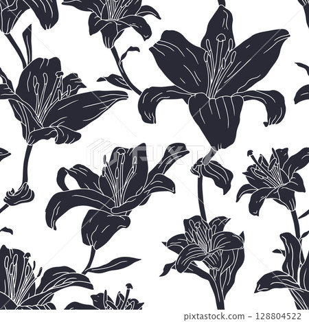 Monochrome vintage seamless pattern with hand drawn lily flowers black silhouette on white background 128804522