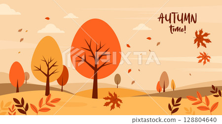 Autumn time. Autumnal landscape with trees and falling leaves poster. Minimal fall horizontal background. Vector illustration. Perfect for seasonal web banners. Not AI 128804640