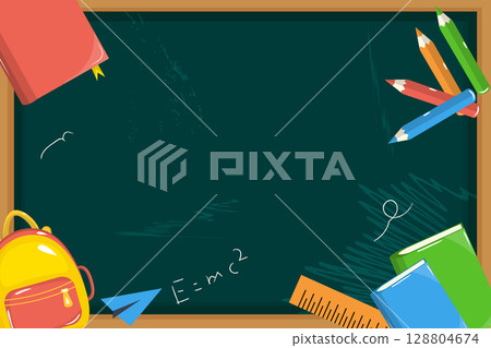 school themed template with green chalkboard, yellow backpack, books, colorful pencils, and red apple. Vector illustration for education and school design projects 128804674