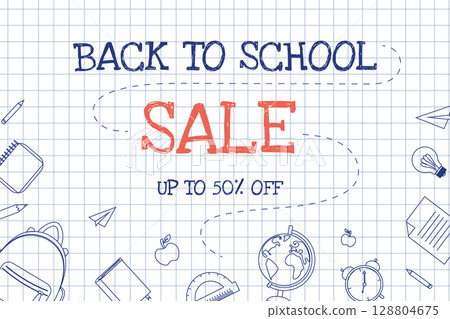 Back to school sale banner with hand-drawn school supplies on checkered paper background. Vector illustration with discount text and outlined education elements Back to school sale banner with hand-drawn school supplies on checkered paper background. Vector illustration with discount text and outlined education elements 128804675
