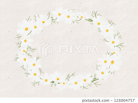 白色宇宙花環,背景類似再生紙,水彩畫風格 白色宇宙花環,背景類似再生紙,水彩畫風格 128804757