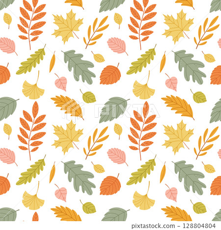 Seamless vector pattern with colorful autumn leaves flat cartoon foliage background 128804804