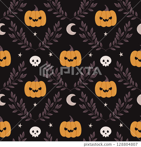 Seamless Halloween pattern with angry pumpkins, skulls, stars, crescent moons and purple branches on dark background. 128804807
