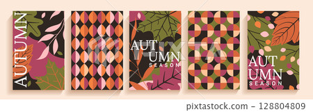 Set of modern Autumn cards with fall leaves and geometric shapes.Fall themed covers.Simple geometric patterns.Template for design,print.Vertical banners,flyers,social media,web,ads,promo,covers.Vector Set of modern Autumn cards with fall leaves and geometric shapes.Fall themed covers.Simple geometric patterns.Template for design,print.Vertical banners,flyers,social media,web,ads,promo,covers.Vector 128804809