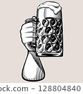 Hand raises a dimpled glass of beer. A foamy big stein mug of beer. Design concept for beer fest Oktoberfest. Vector retro vintage line art illustration in woodcut engraving style. Drawn by human Hand raises a dimpled glass of beer. A foamy big stein mug of beer. Design concept for beer fest Oktoberfest. Vector retro vintage line art illustration in woodcut engraving style. Drawn by human 128804840