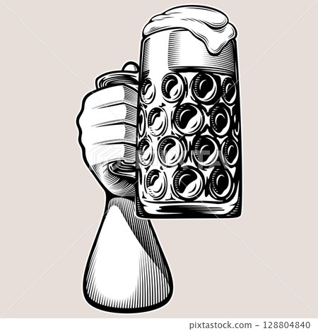 Hand raises a dimpled glass of beer. A foamy big stein mug of beer. Design concept for beer fest Oktoberfest. Vector retro vintage line art illustration in woodcut engraving style. Drawn by human 128804840